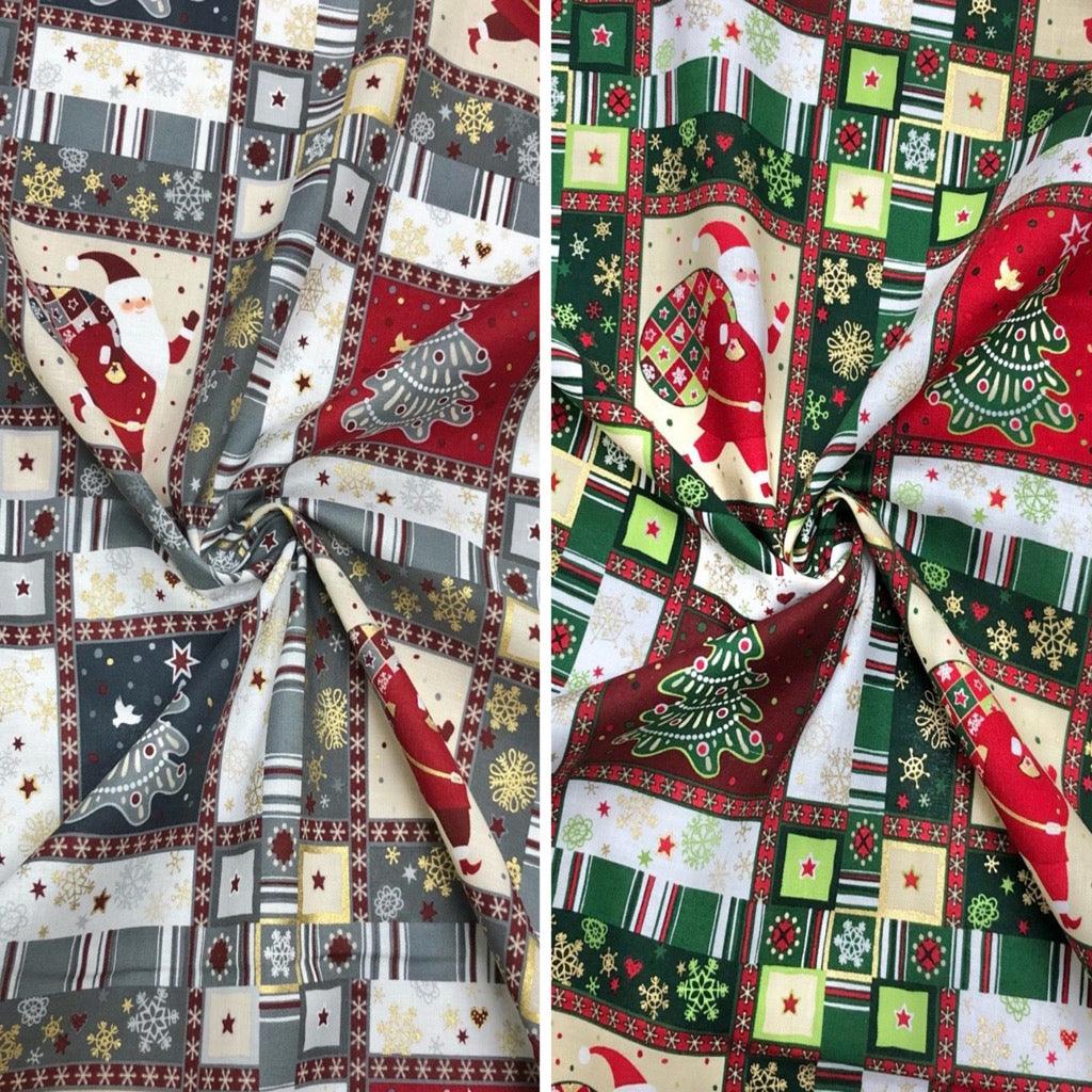 Santa Claus and Christmas Tree Collages Rose & Hubble Cotton Fabric - Pound Fabrics