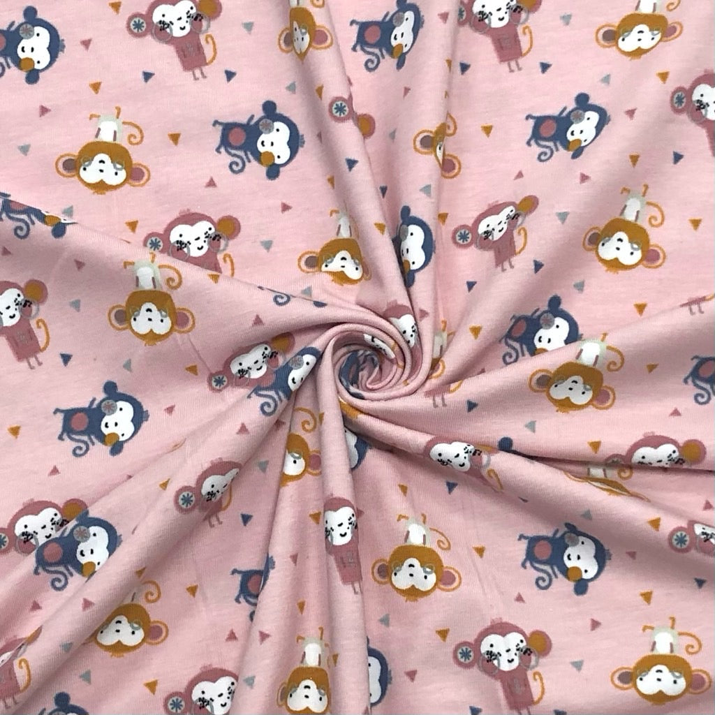 Monkeys and Triangles on Pink Organic Cotton Jersey Fabric