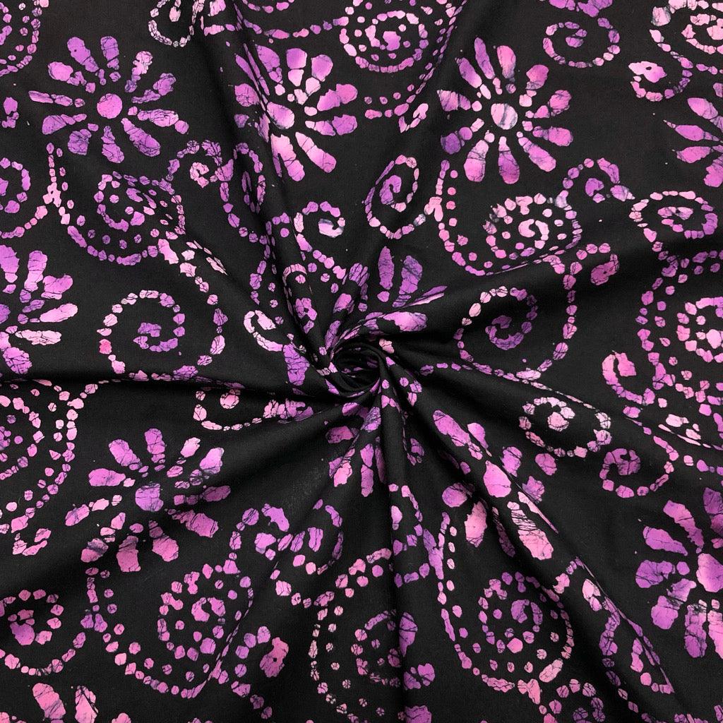 Purple Flowers and Swirls Cotton Batik Fabric - John Louden - Pound Fabrics