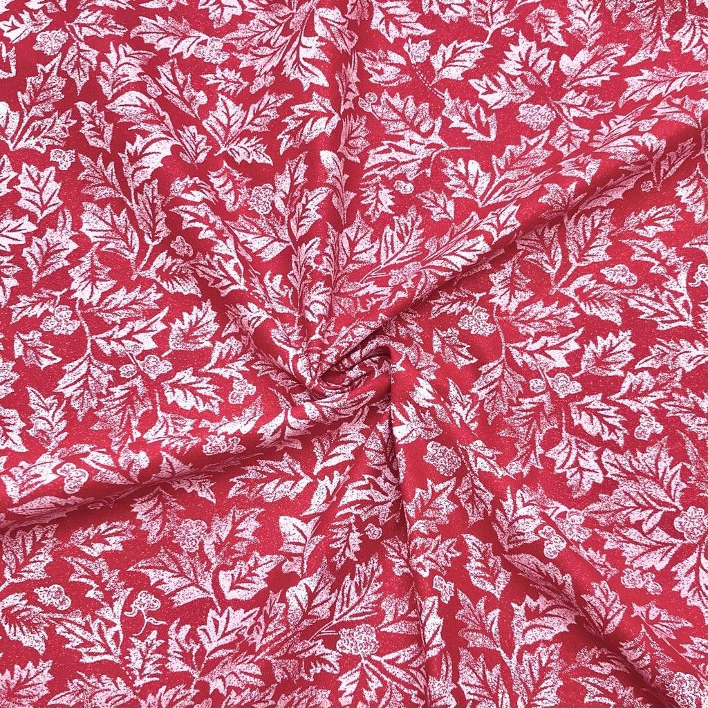 Glitter Foil Xmas Leaves on Red Christmas Cotton Fabric - John Louden - Pound Fabrics