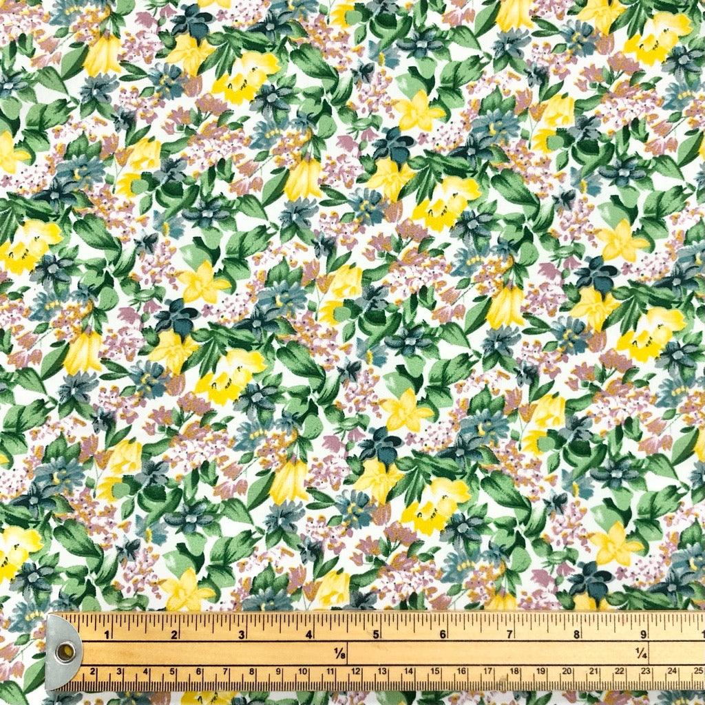 Yellow and Green Floral on White Polyester Crepe Fabric - Pound Fabrics