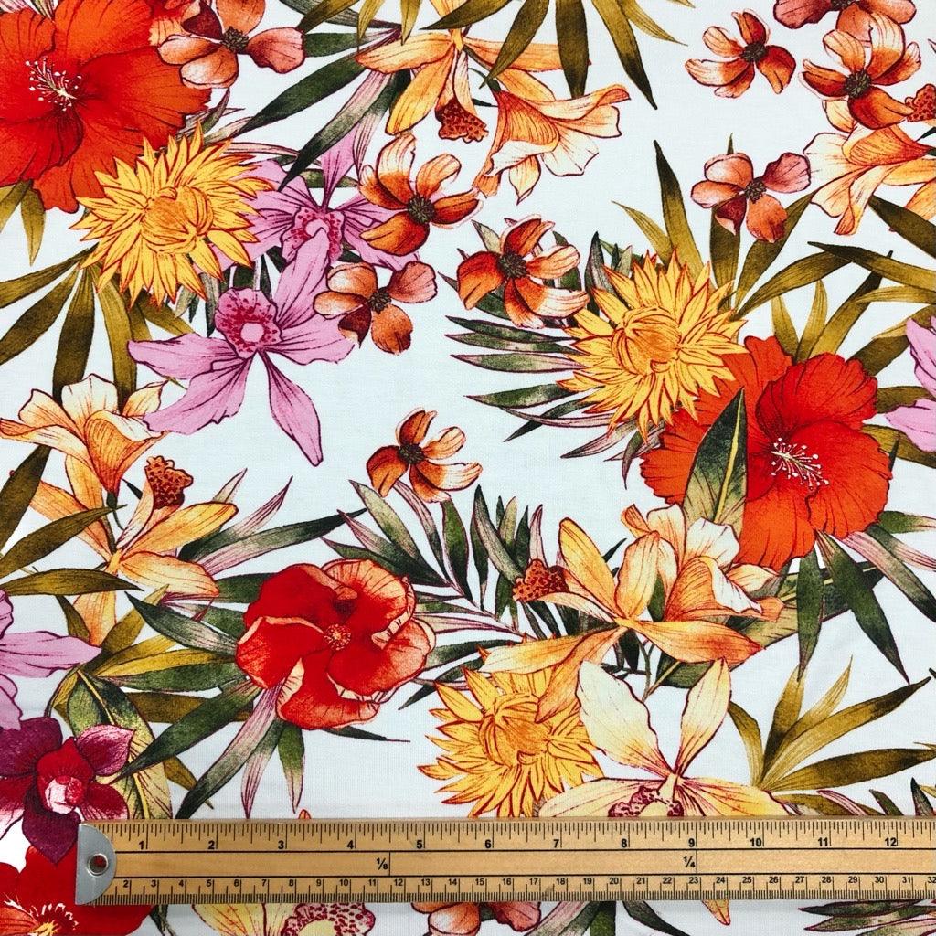 Summer Floral on Off White Viscose Jersey Fabric - Pound Fabrics