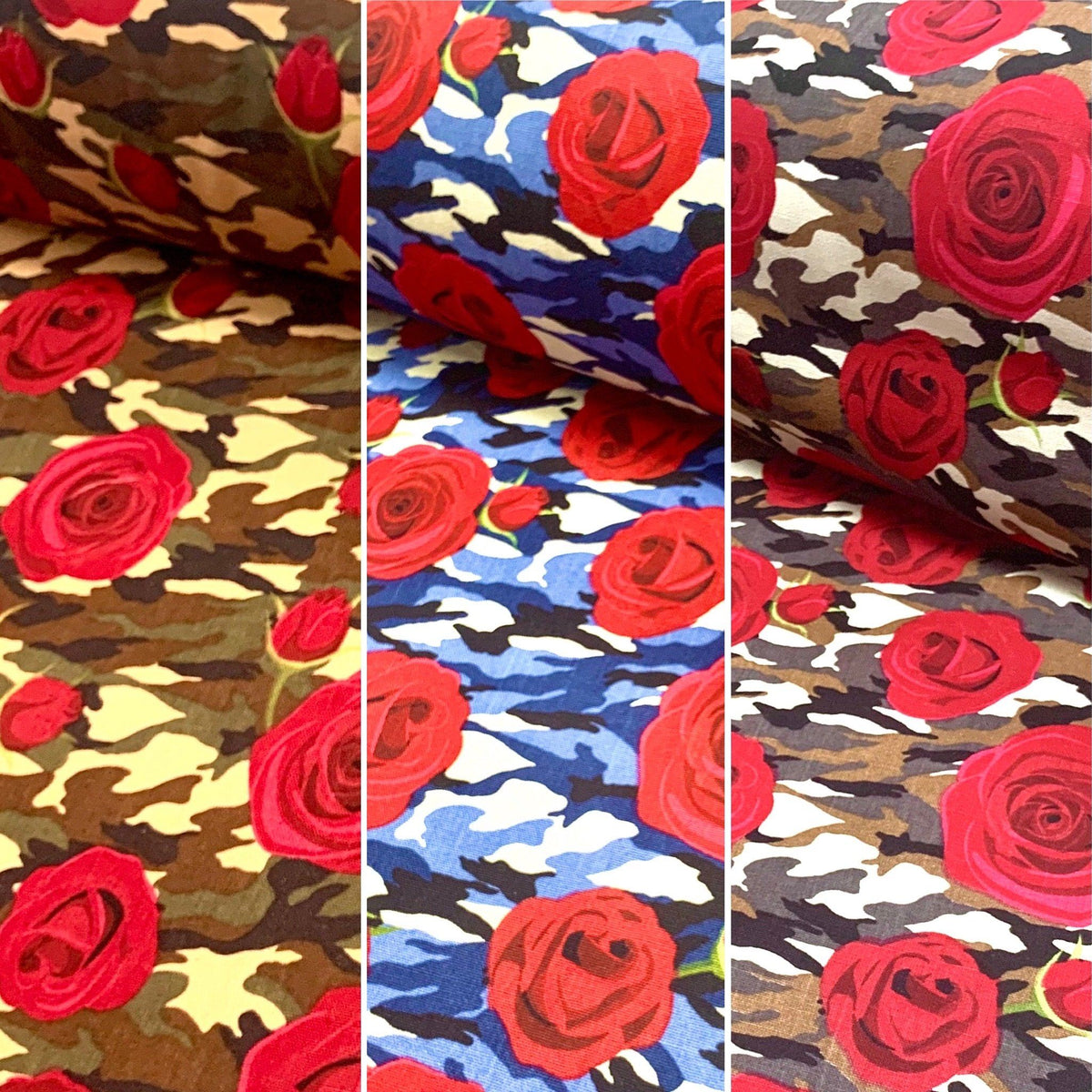 Camo Roses Cotton Canvas Fabric (6544601907223)