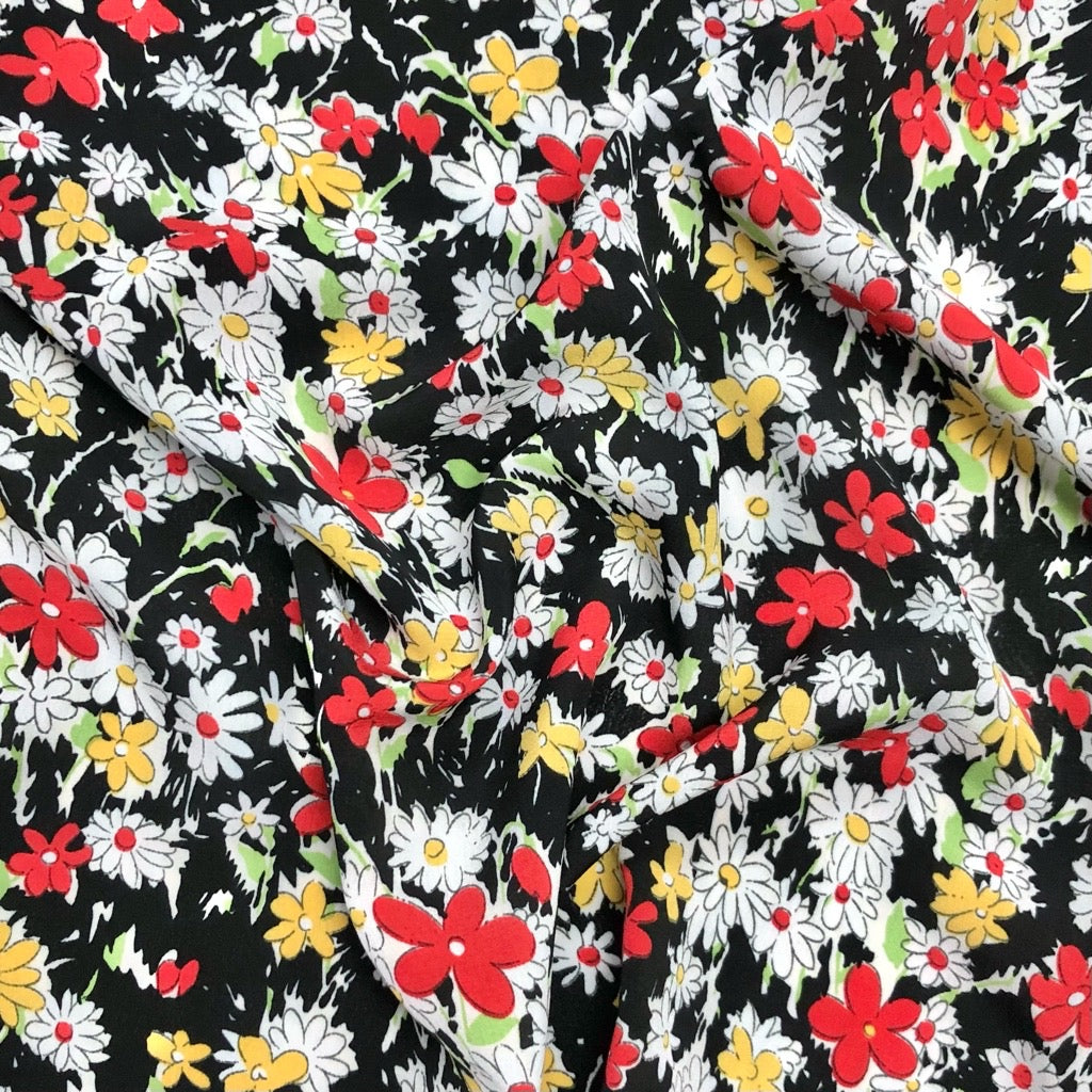 Multicoloured Draw Daisies Polyester Crepe Fabric