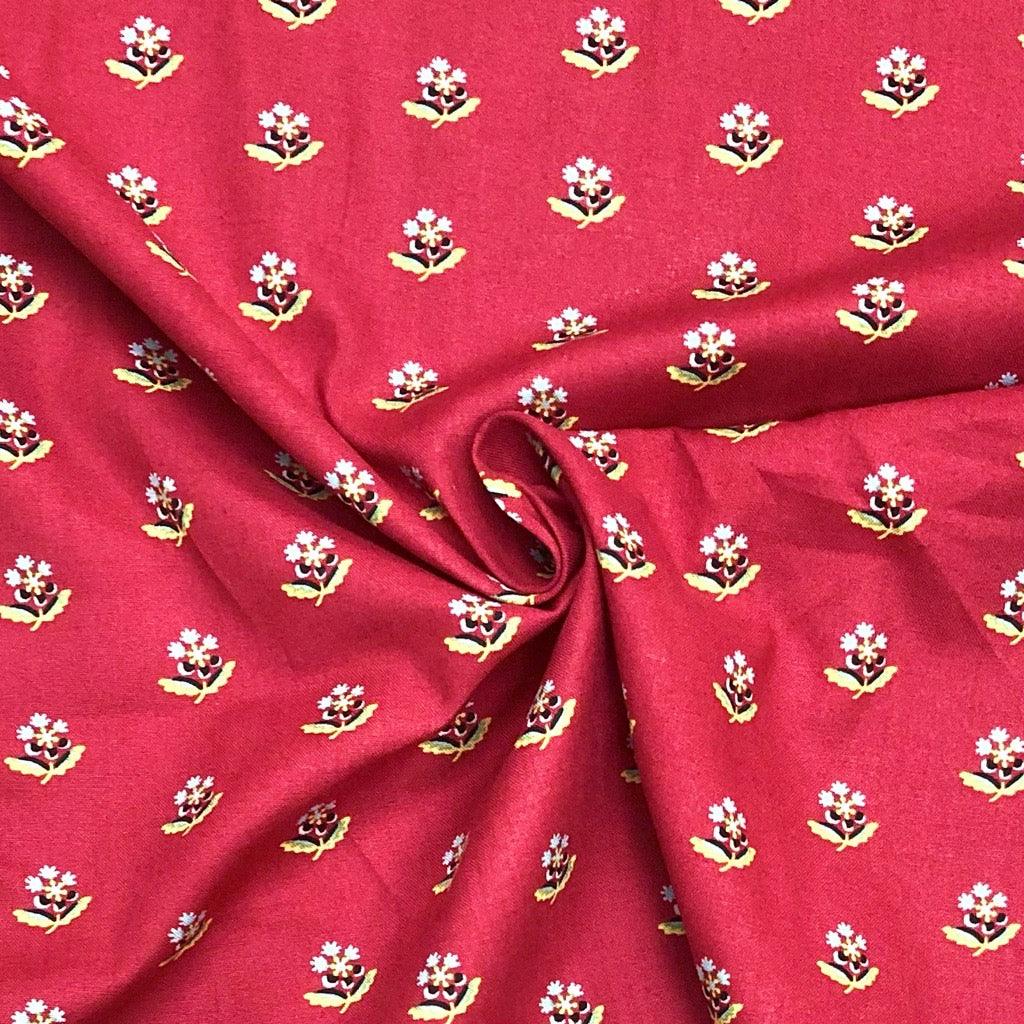 1 Metre Pre Cut - Blue and Yellow Single Flower on Red Cotton Poplin Fabric - Pound Fabrics