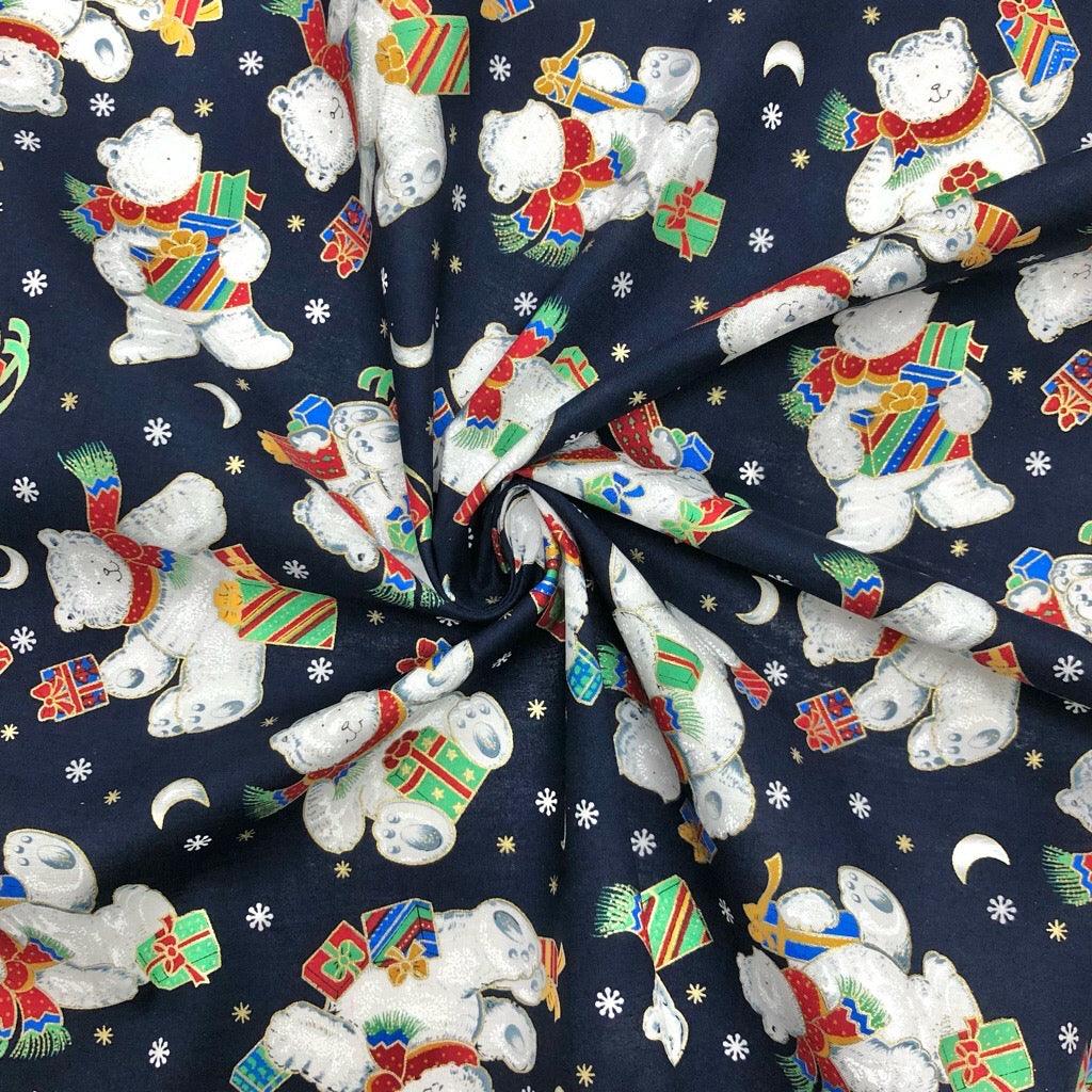 Polar Bears and Presents on Navy Rose & Hubble Cotton Fabric - Pound Fabrics