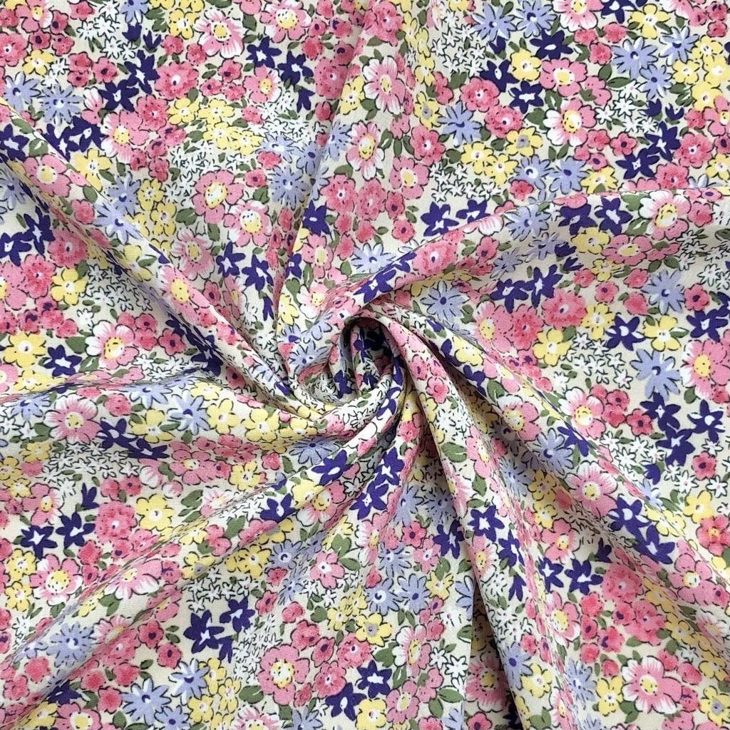 All Over Pink/Yellow/Blue Floral Polyester Crepe Fabric - Pound Fabrics