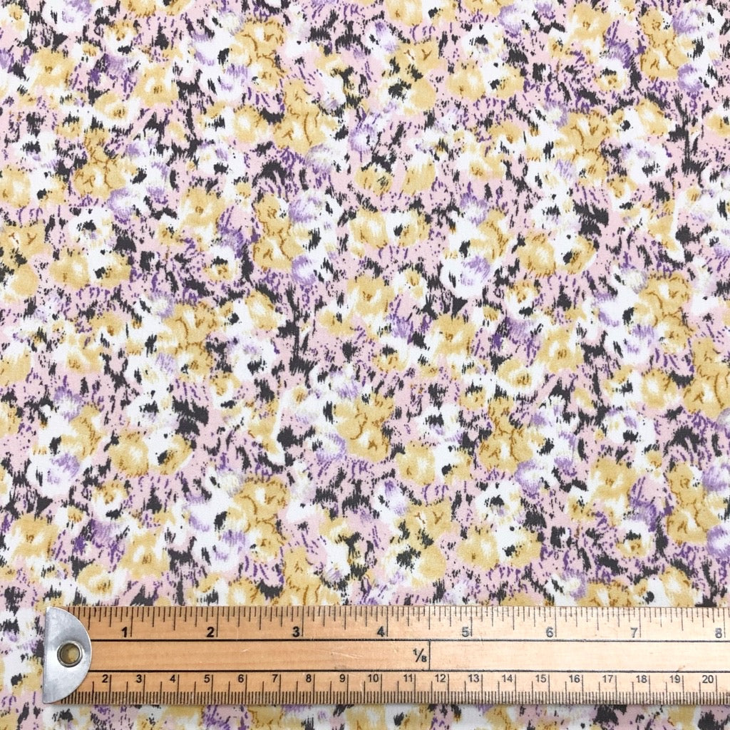 Yellow and Pink Abstract Floral on White Polyester Crepe Fabric - Pound Fabrics