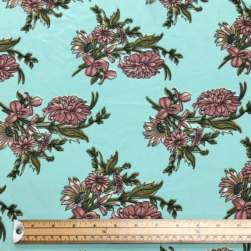Burgundy Floral on Turquoise Polyester Fabric - Pound Fabrics