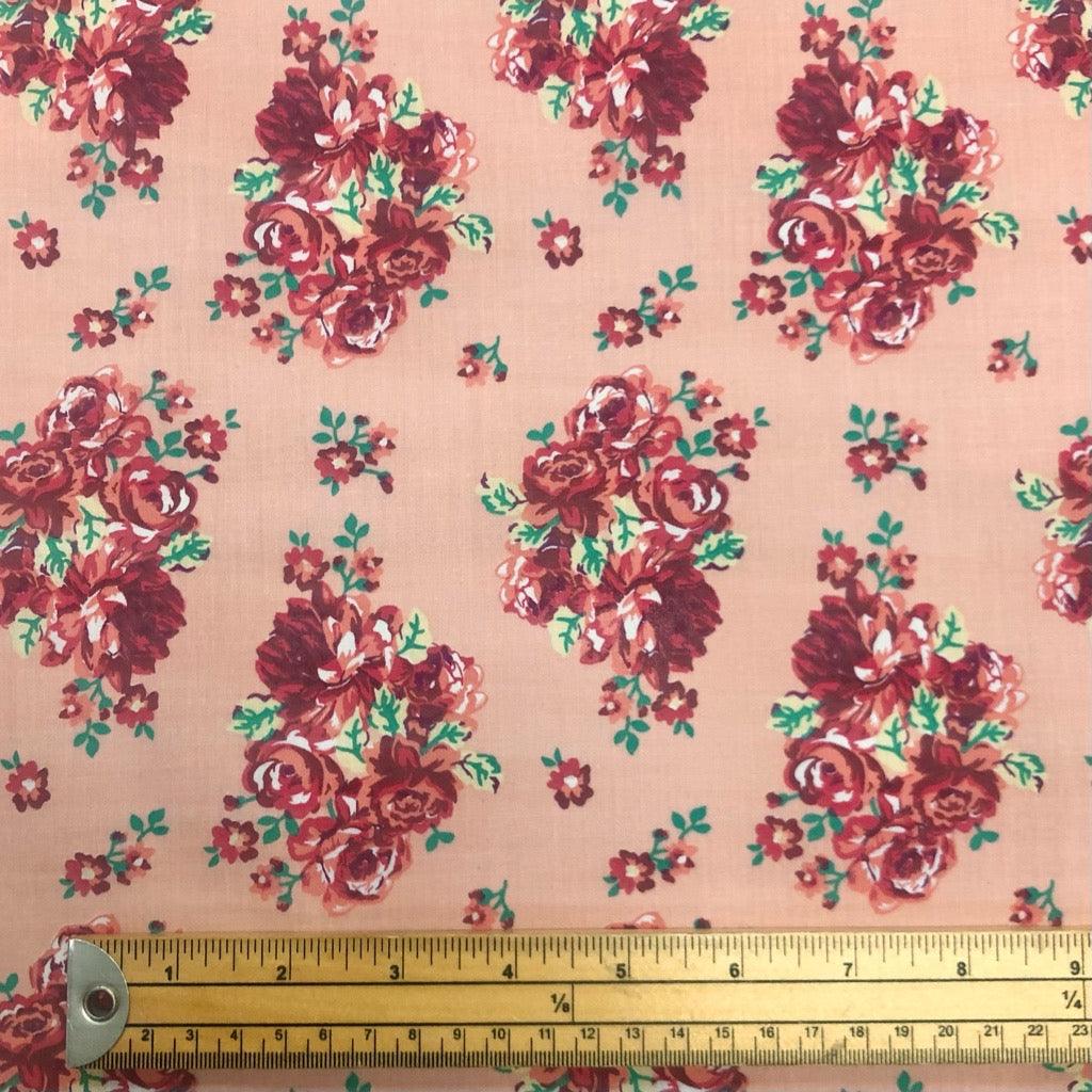 Rose Bouquets on Peach Polycotton Fabric - Pound Fabrics