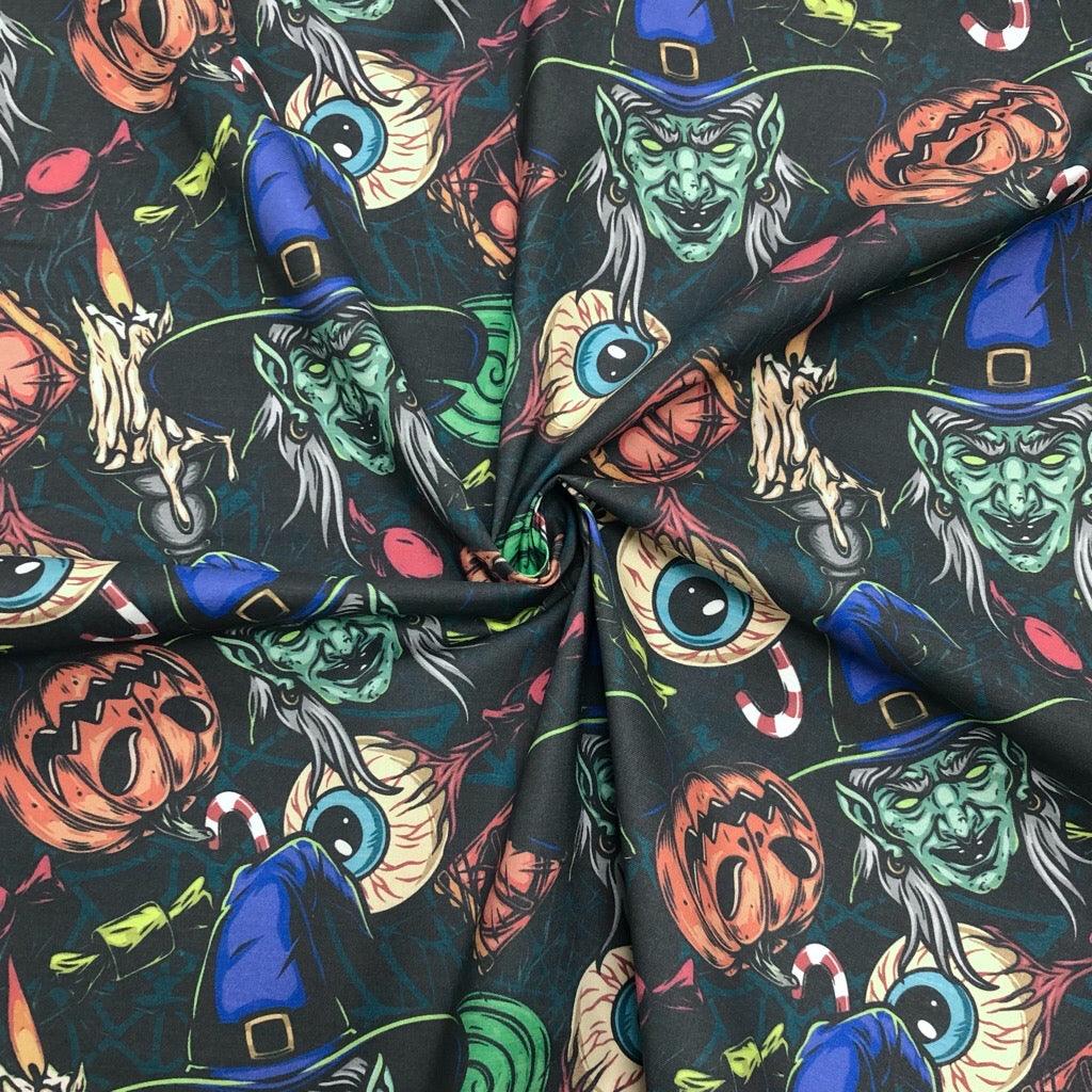 Spooky Witches on Black Rose & Hubble Halloween Cotton Fabric - Pound Fabrics