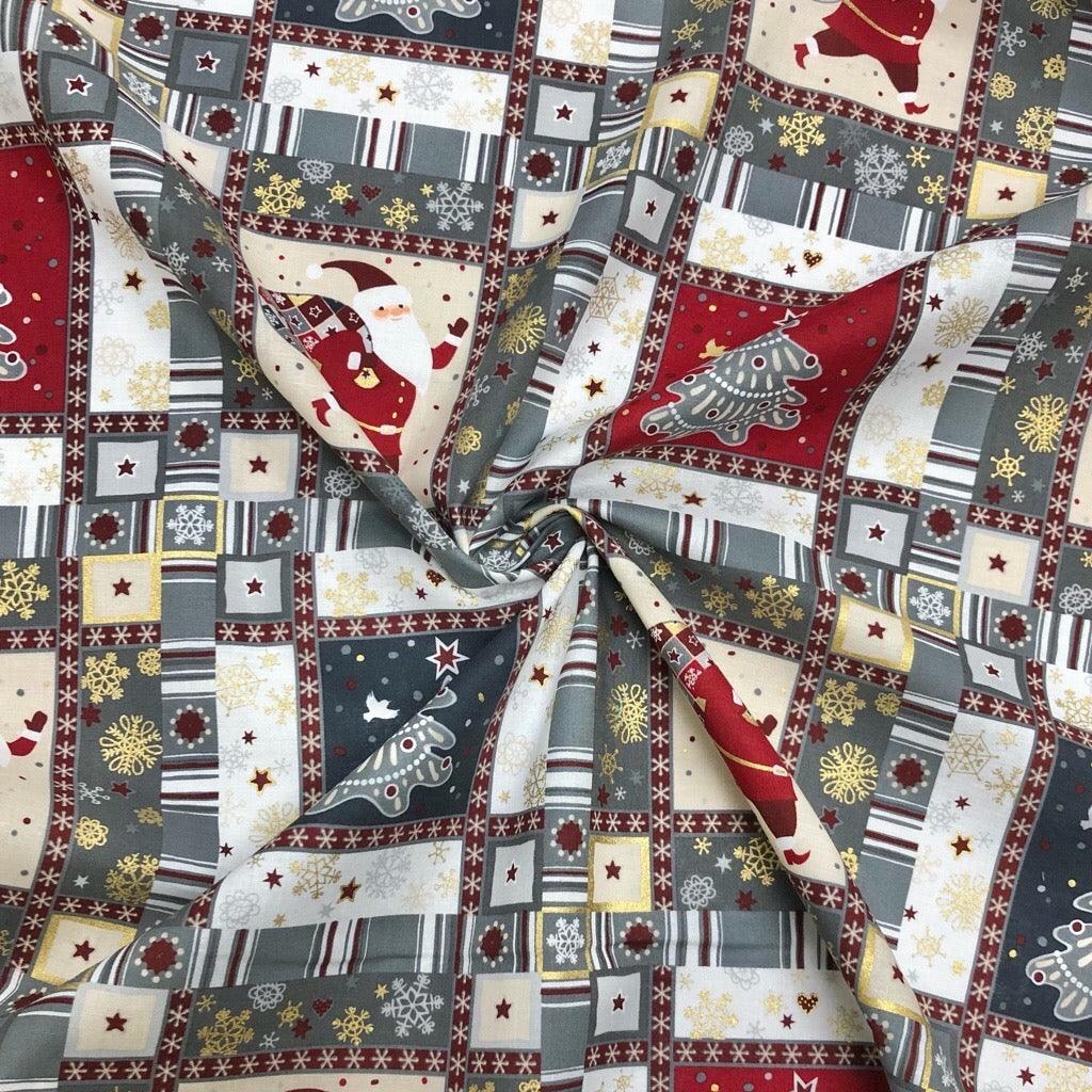 Santa Claus and Christmas Tree Collages Rose & Hubble Cotton Fabric - Pound Fabrics