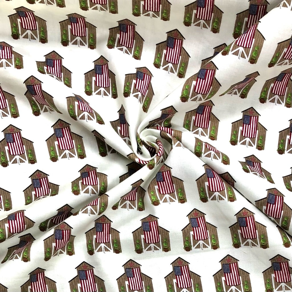 All Over American Flags and Houses on Cream Cotton Fabric - Pound Fabrics