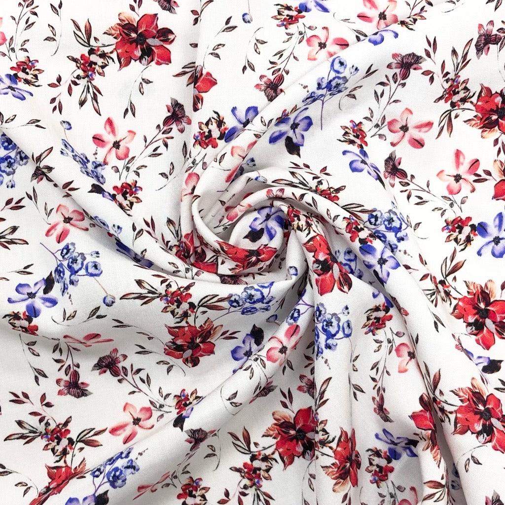 Blue and Red Floral on White Viscose Challis Fabric - Pound Fabrics