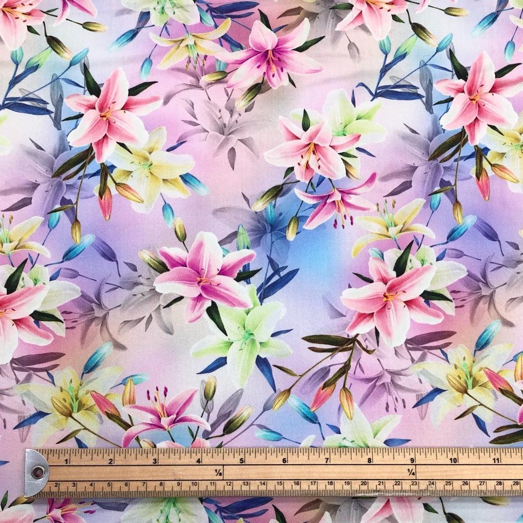 Digital Multicoloured Lilies Viscose Challis Fabric - Pound Fabrics