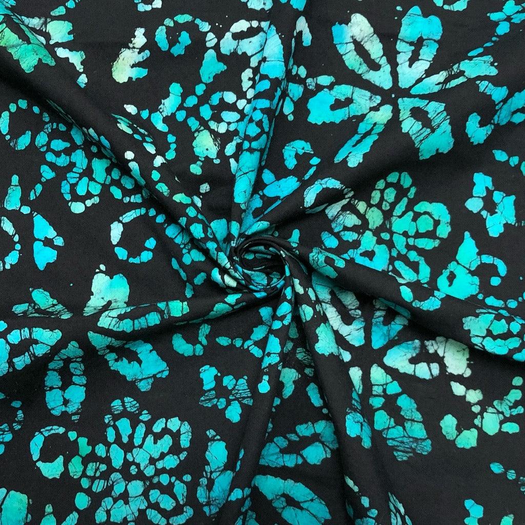 Green/Blue Floral on Black Cotton Batik Fabric - John Louden - Pound Fabrics