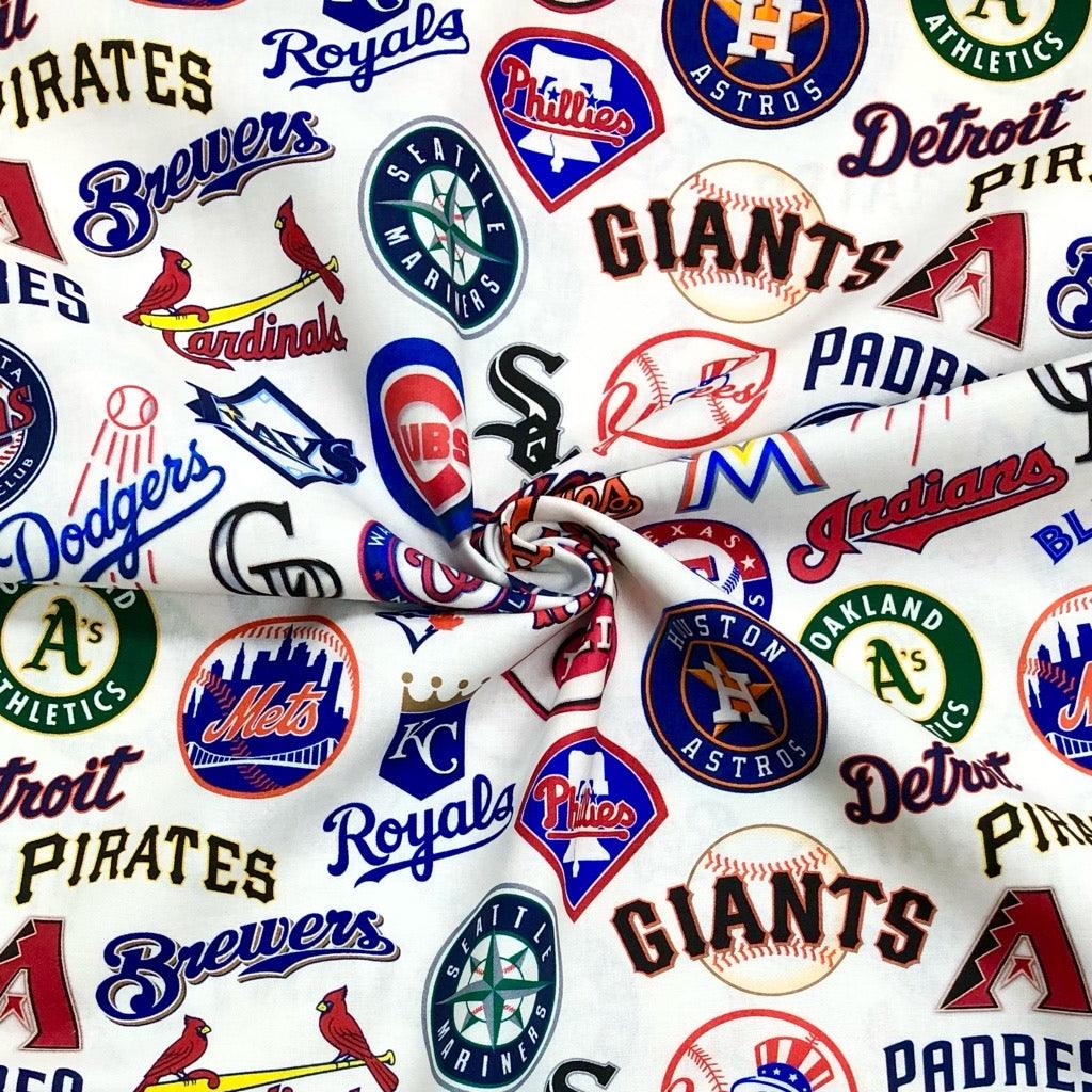 Baseball Team Logos on White Cotton Fabric - Pound Fabrics