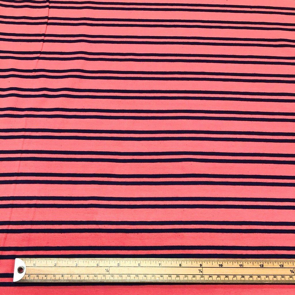 Navy and Bright Pink Double Stripe Cotton Jersey Fabric - Pound Fabrics