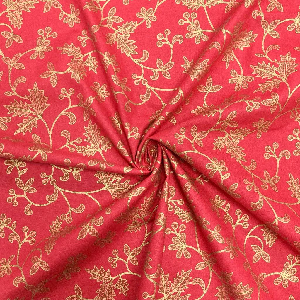 Metallic Foil Holly Christmas Cotton Fabric - John Louden - Pound Fabrics