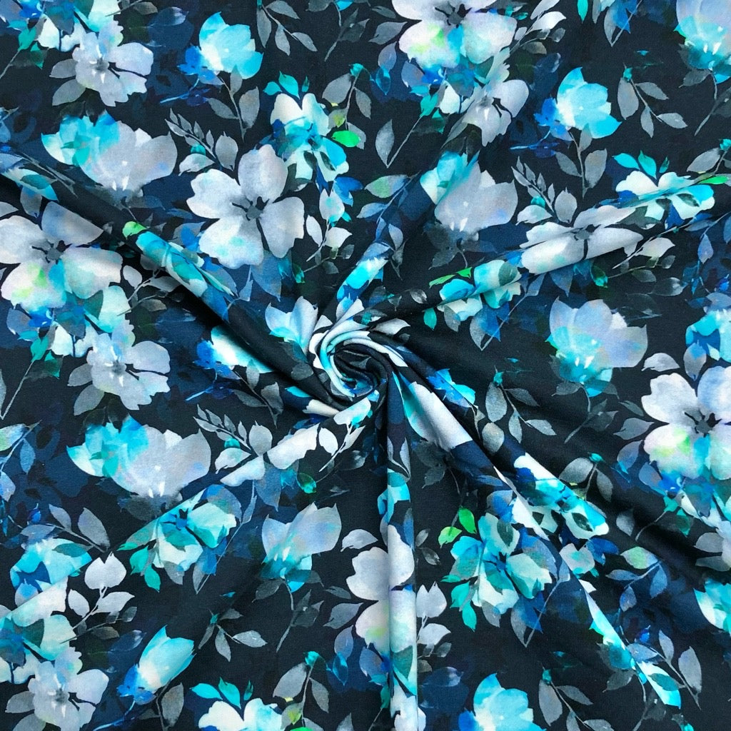 Elegant Silver and Blue Floral French Terry Fabric