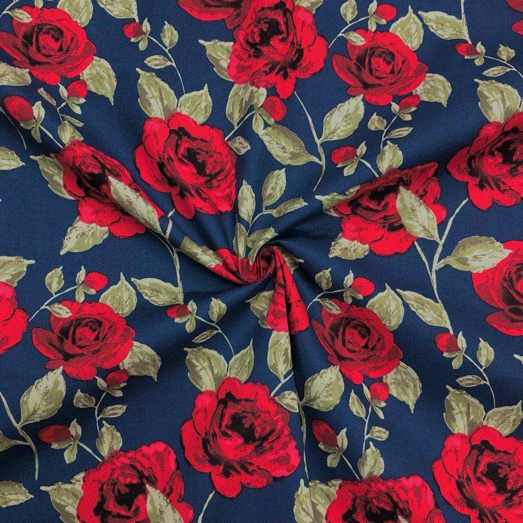 Large Roses on Navy Cotton Poplin Fabric - Pound Fabrics