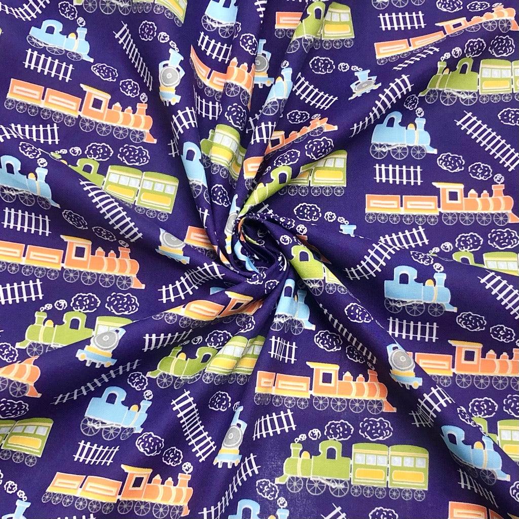 Trains on Navy Polycotton Fabric - Pound Fabrics