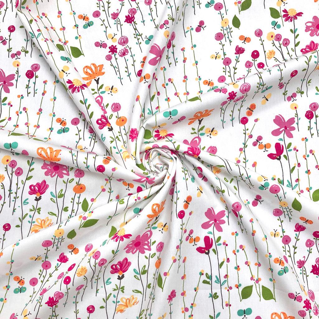 Spring Flower Garden on White Rose & Hubble Cotton Poplin Fabric - Pound Fabrics