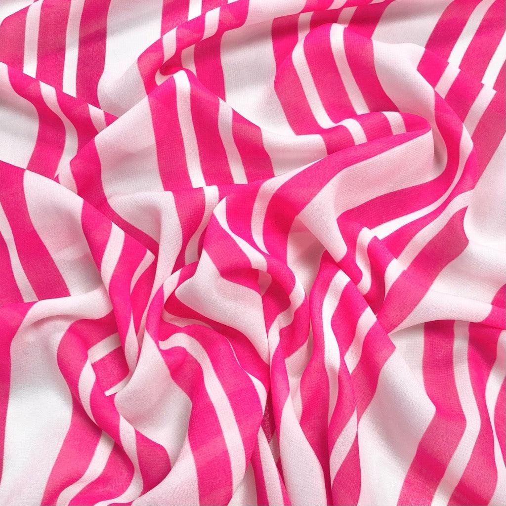 Pink Stripes on Cream Chiffon Fabric - 3m Pre-cut - Pound Fabrics