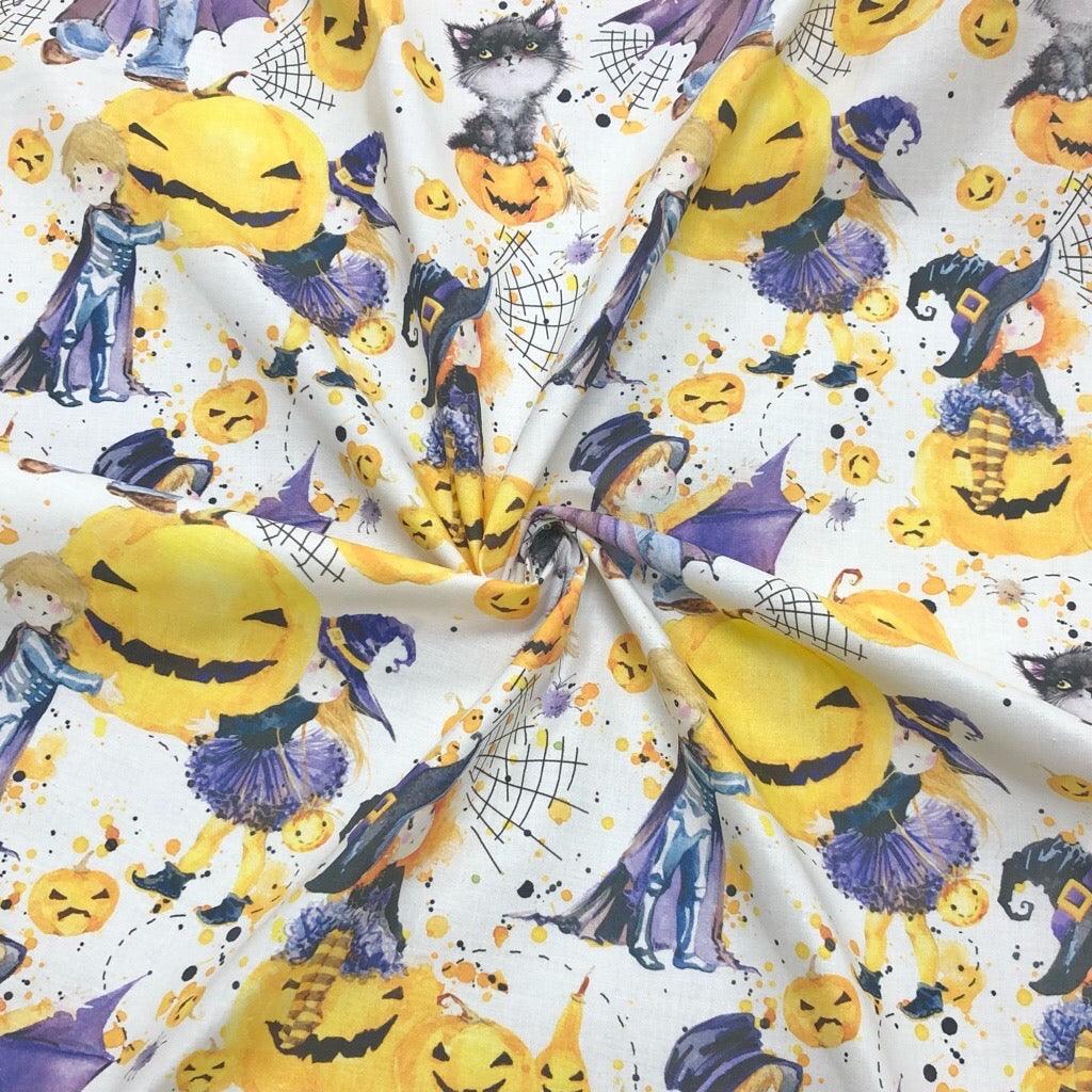 Witches, Pumpkins and Cats on White Rose & Hubble Cotton Fabric - Pound Fabrics