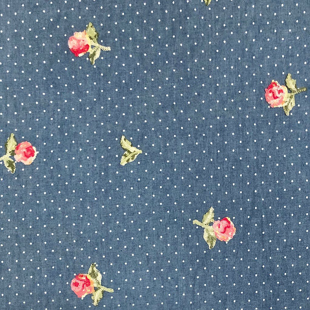 Embroidered Rose Chambray Denim Fabric (6565557338135)