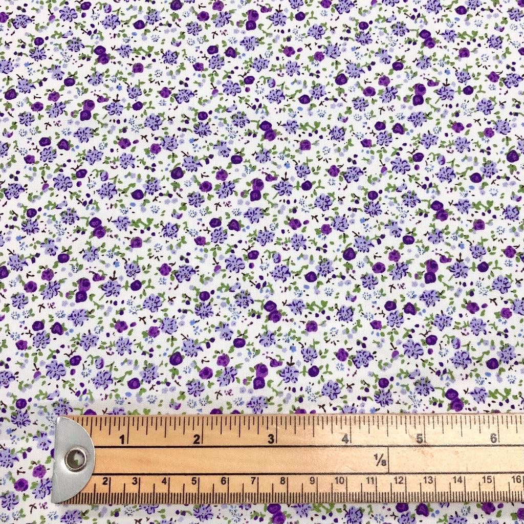 Small Lilac and Purple Floral on White Cotton Poplin Fabric - Pound Fabrics