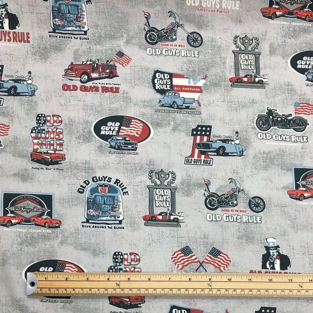 'Old Guys Rule' on Grey Cotton Fabric - Pound Fabrics