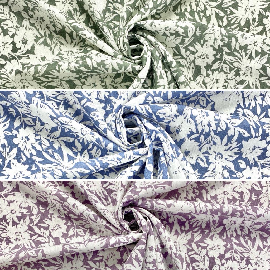 White Floral Outline Linen Mix Fabric - Pound Fabrics