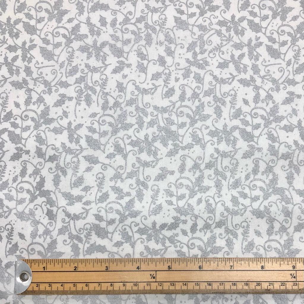 Glitter Foil Leaves and Swirls on White Christmas Cotton Fabric - John Louden - Pound Fabrics