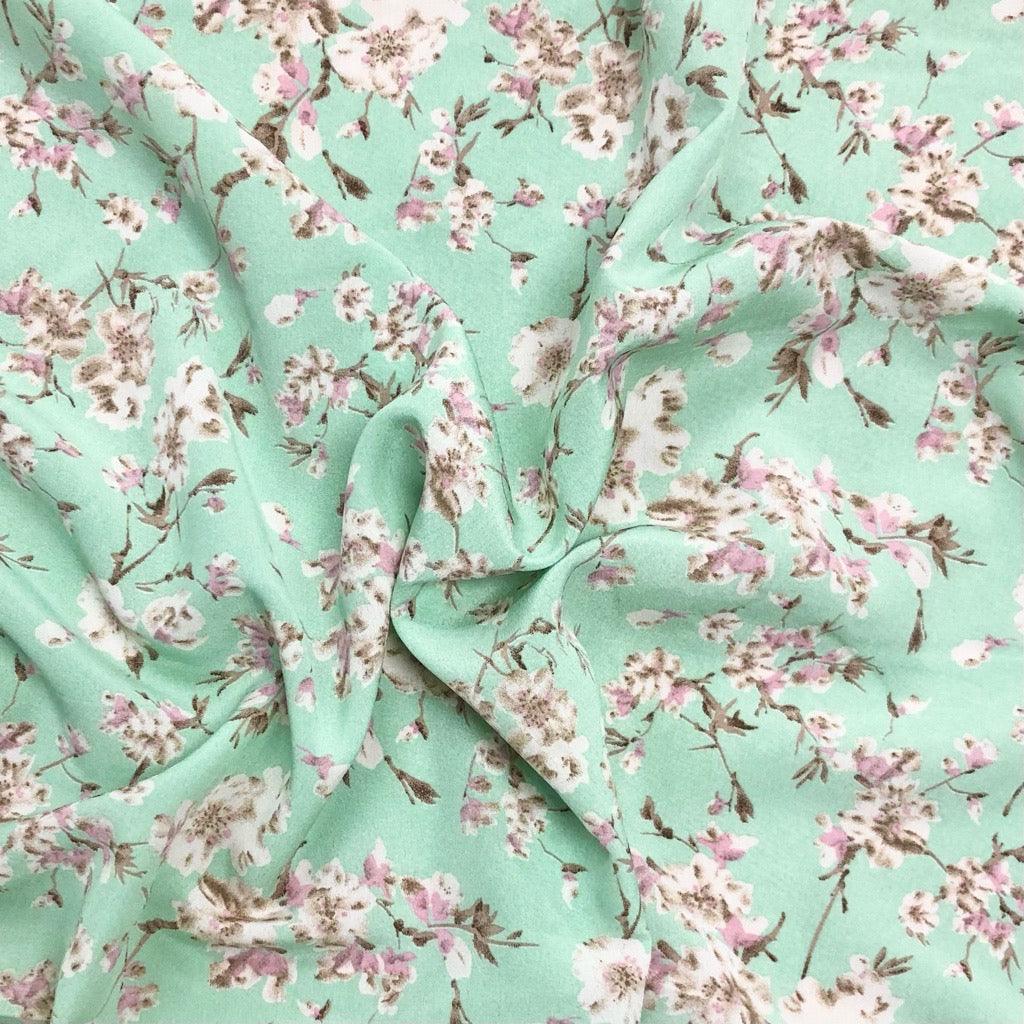 White/Pink Flower Bloom Polyester Crepe Fabric - Pound Fabrics