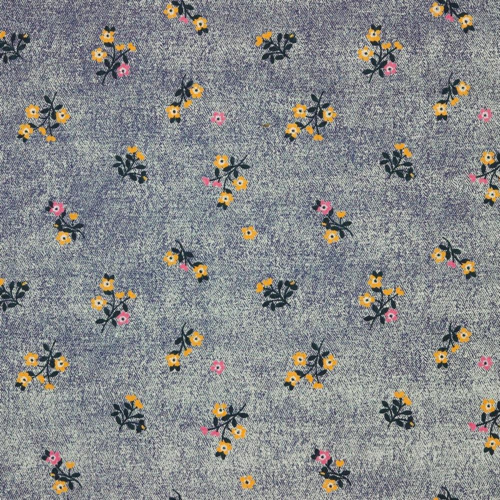 Orange and Pink Flowers Chambray Denim Fabric - Pound Fabrics