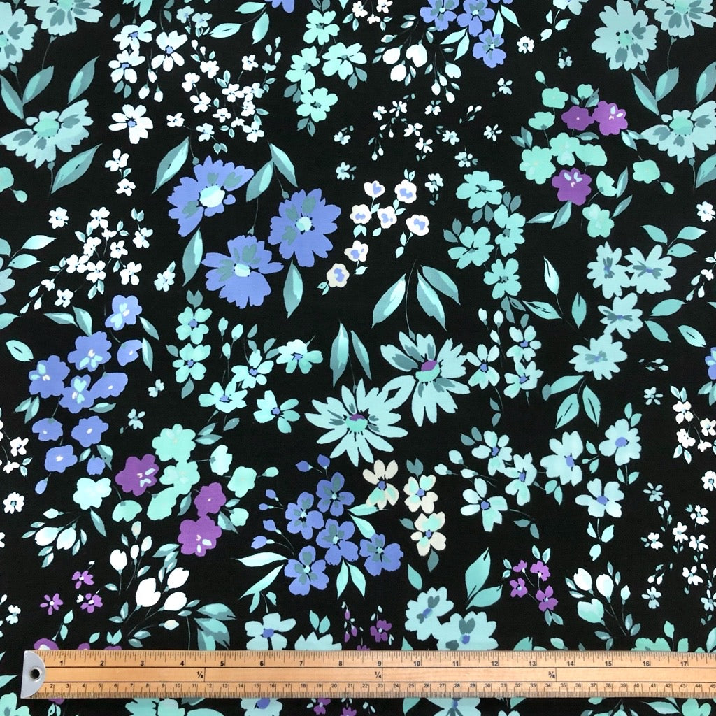 Mint Floral on Black Cotton Jersey Fabric