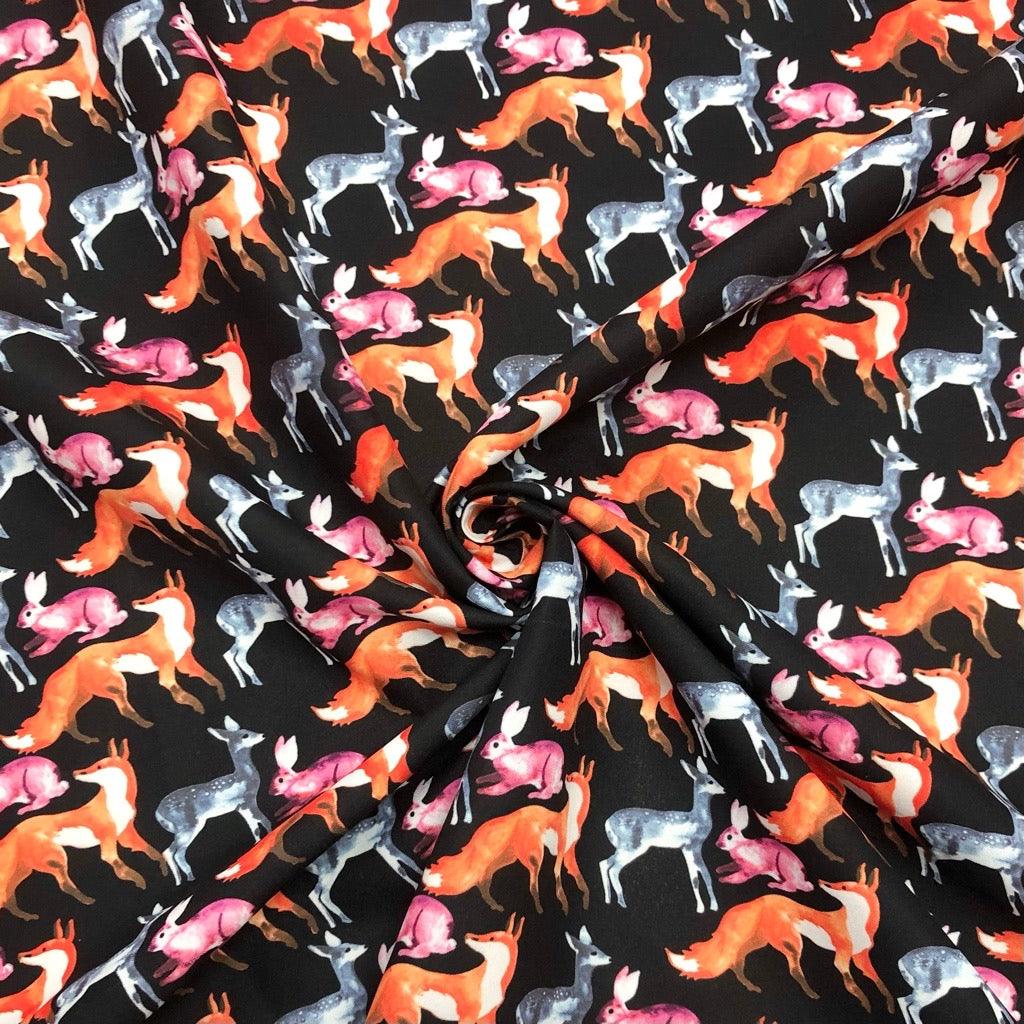 Deers, Foxes and Rabbits on Black Cotton-Touch Polyester Fabric - Pound Fabrics