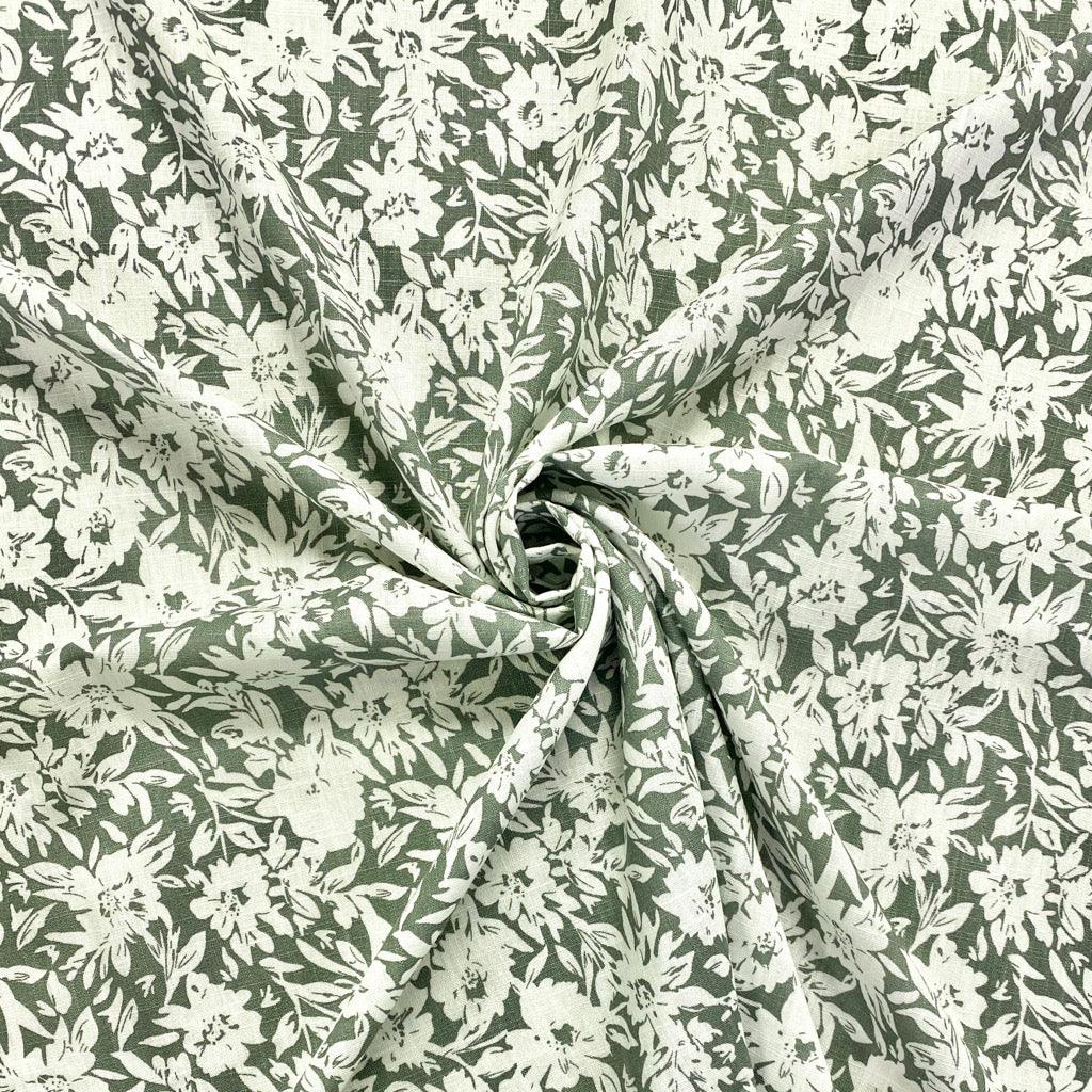 White Floral Outline Linen Mix Fabric - Pound Fabrics