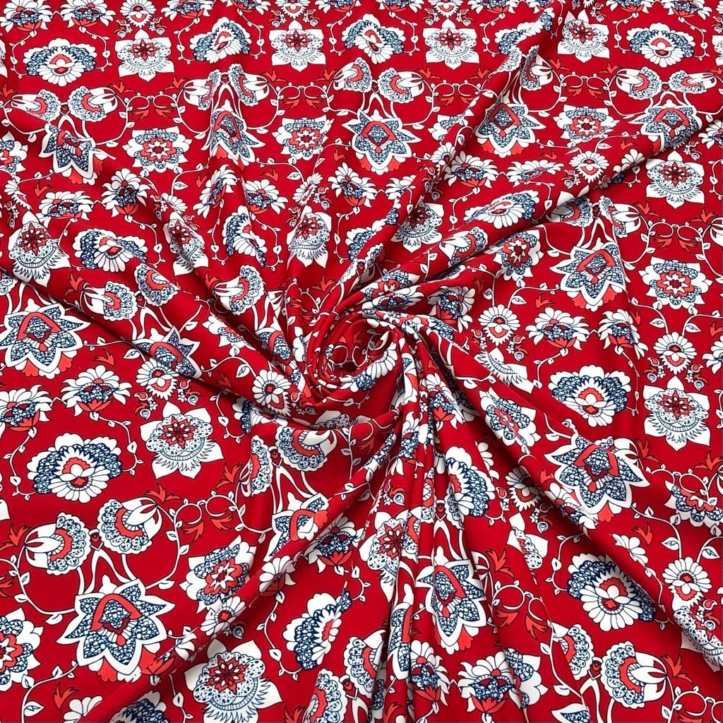 Blue and White Flower Shapes on Red Lycra Spandex Fabric (6555126497303)