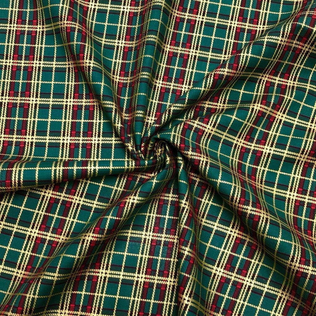 Xmas Checkered Rose & Hubble Christmas Cotton Fabric - Pound Fabrics