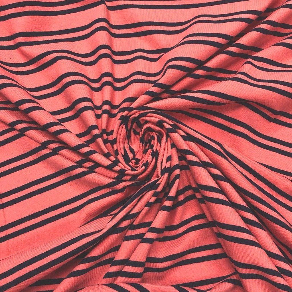 Navy and Bright Pink Double Stripe Cotton Jersey Fabric - Pound Fabrics