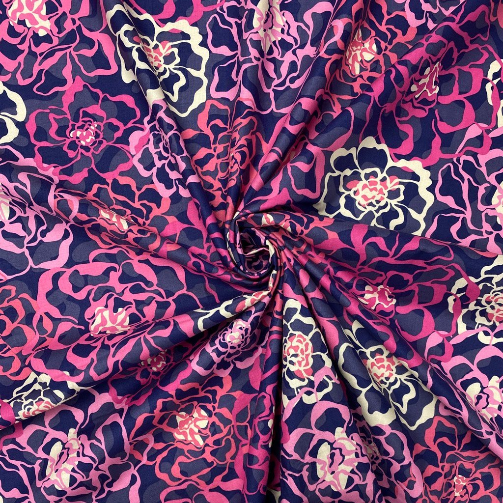Pink Flower Sketch on Navy Cotton Poplin Fabric - 58