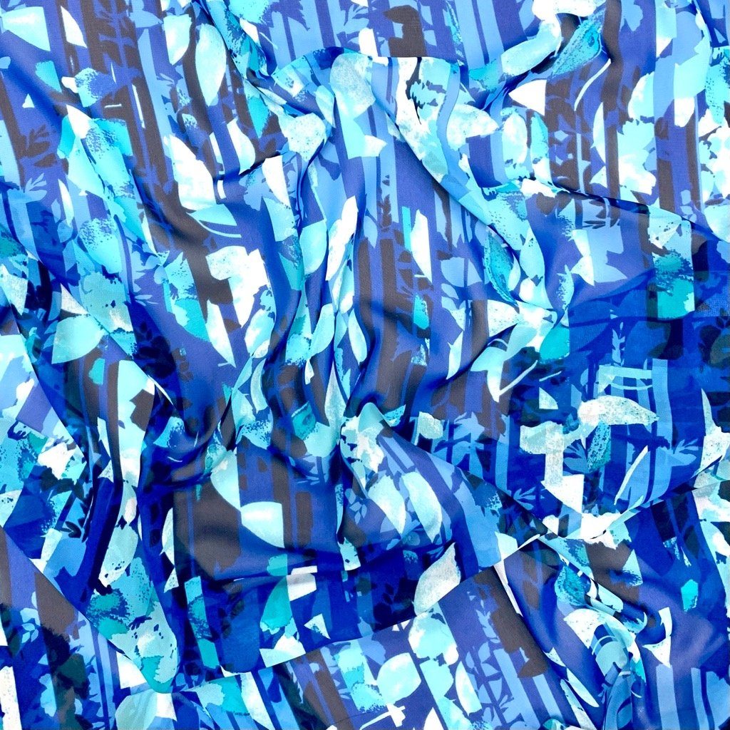Blue Abstract Petals Chiffon Fabric (6566243598359)