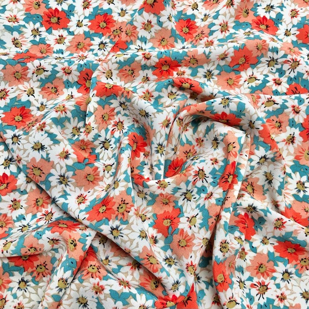 Red & White Blooming Floral Polyester Crepe Fabric - Pound Fabrics