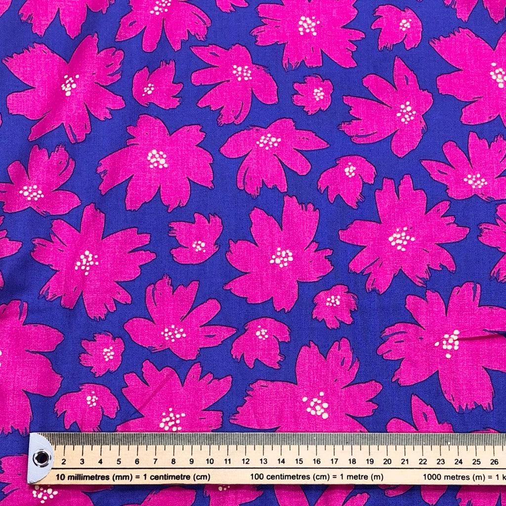 Large Pink Floral on Blue Cotton Poplin Fabric - 58" wide - Pound Fabrics