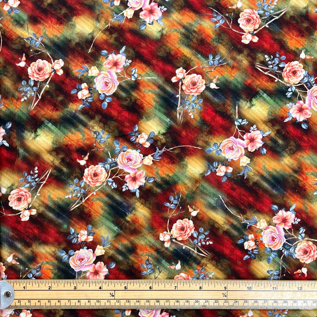 Digital Flower Bunches on Burnt Orange and Khaki Viscose Challis Fabric - Pound Fabrics