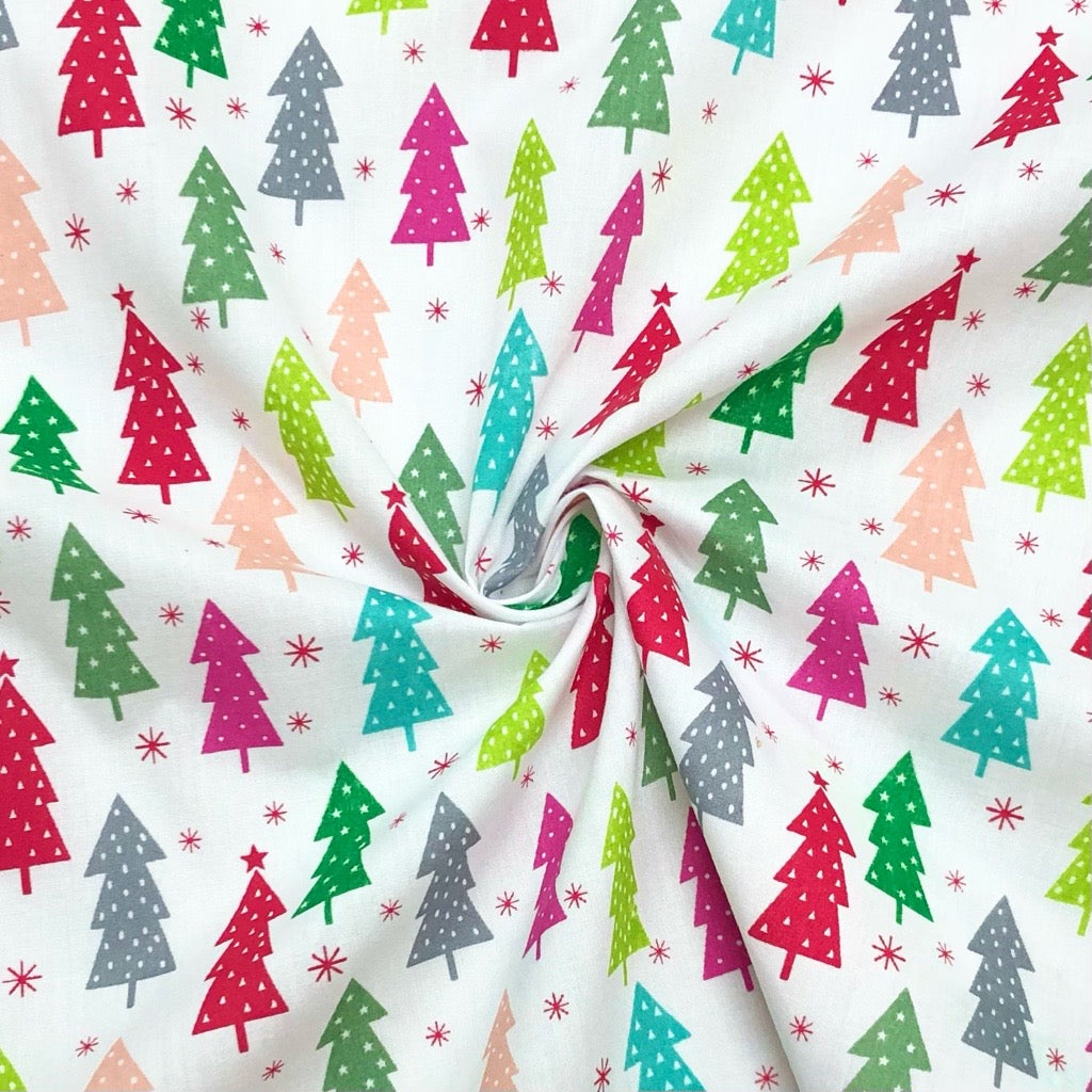 Multicoloured Christmas Trees on White Polycotton Fabric - Pound Fabrics