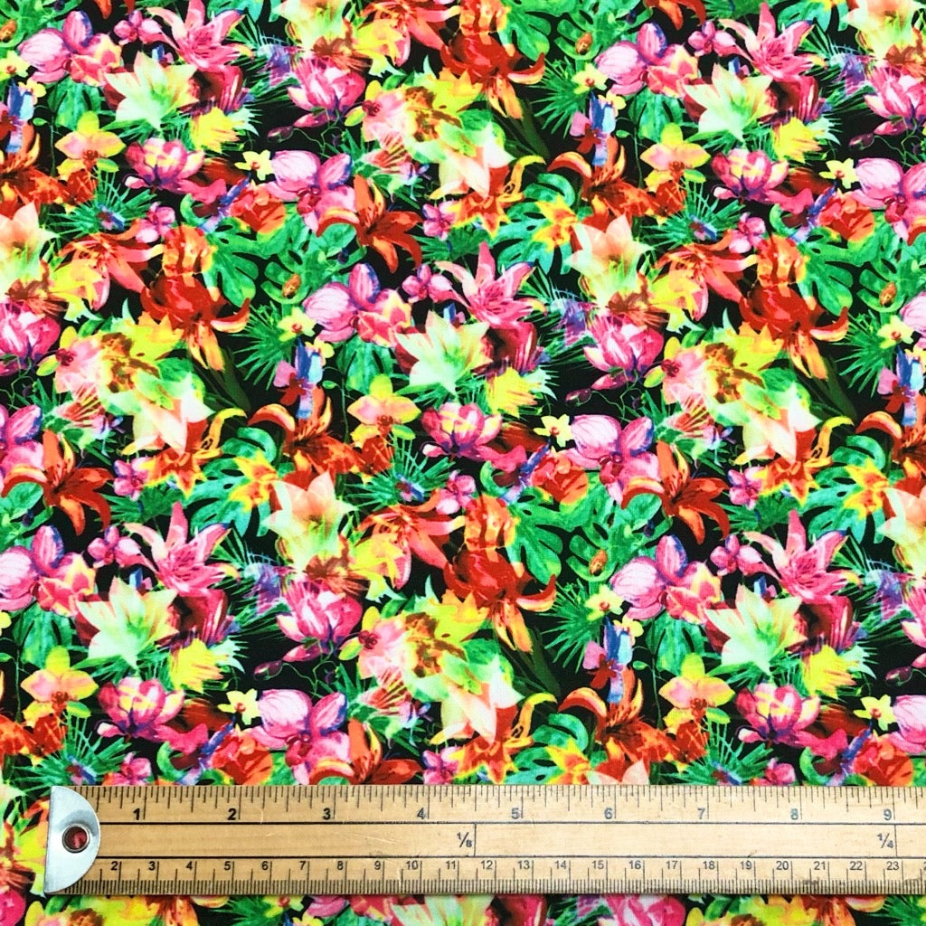 Vivid Lilies on Black Cotton-Touch-Polyester Fabric - Pound Fabrics