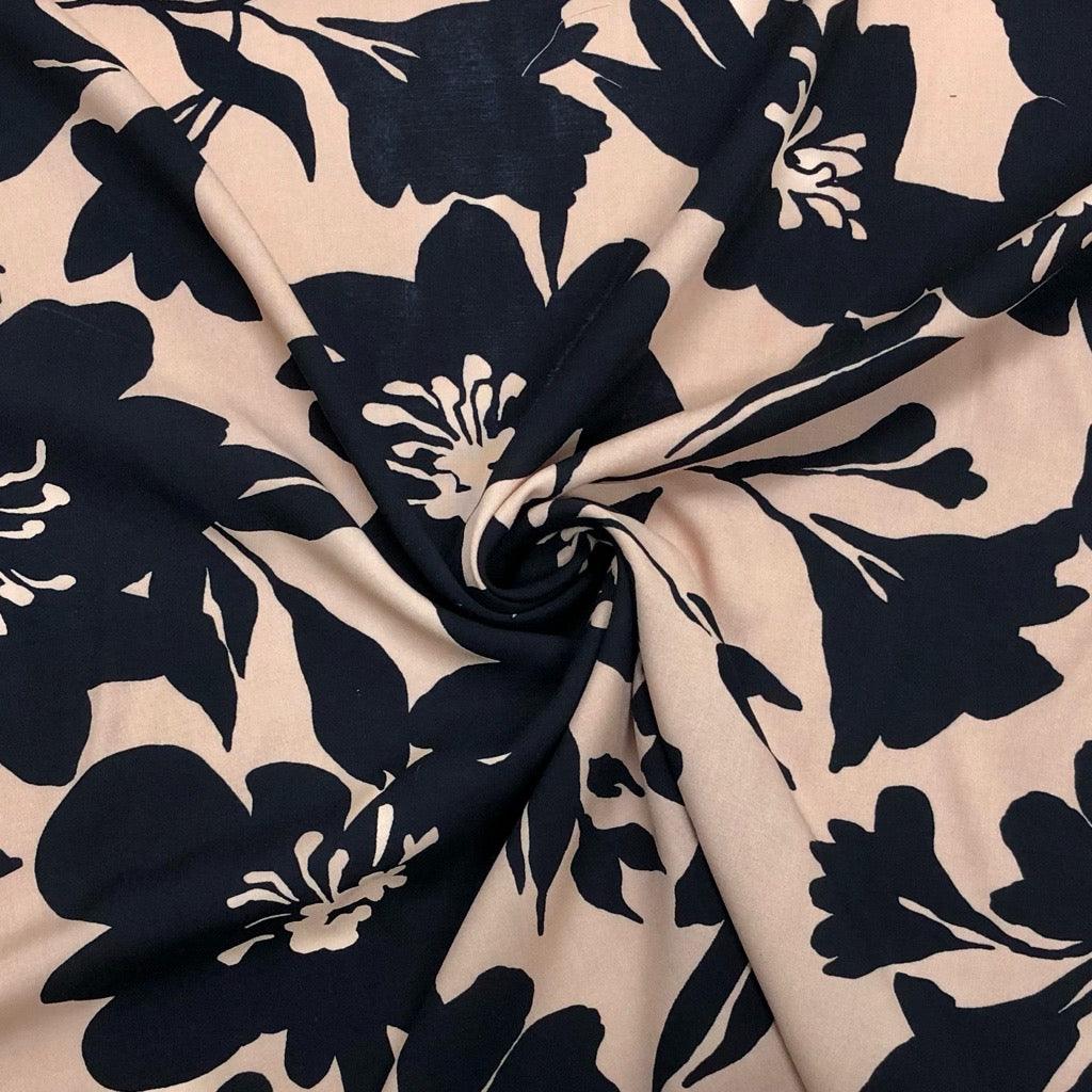 Large Black Floral Viscose Challis Fabric - Pound Fabrics
